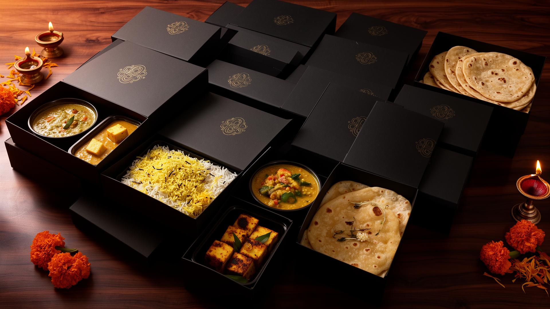 Signature matte-black catering boxes from The Mothers Cook, filled with paneer, dal, rice and rotis