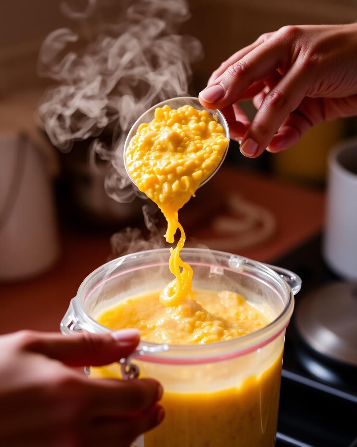 Freshly cooked dal being ladled into a sealed container