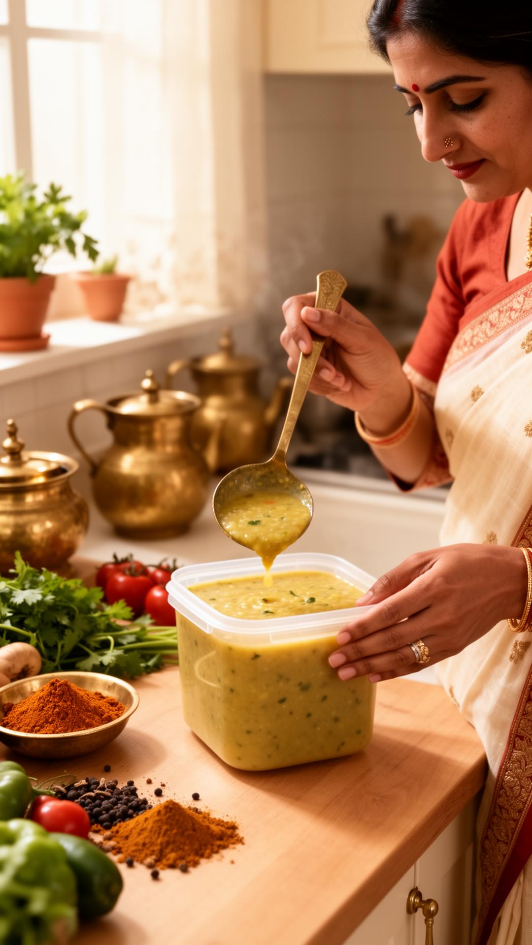 Rita, founder of The Mothers Cook, ladling fresh dal in her home kitchen